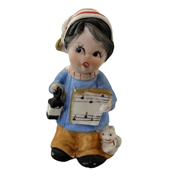 MCW Other - Vintage 1980 MWC Taiwan Ceramic Caroler Bell Figurine Boy Lantern Cat Christmas